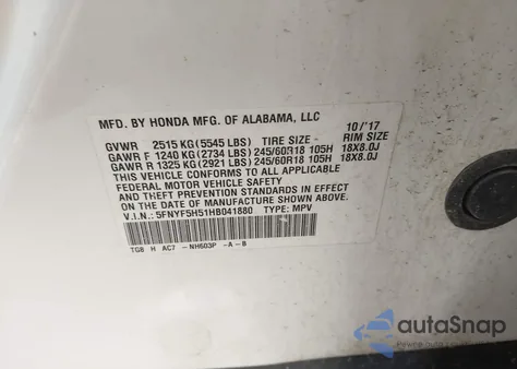 2017 Honda Pilot Ex-L z USA, uszkodzony, nr VIN 5FNYF5H51HB041880